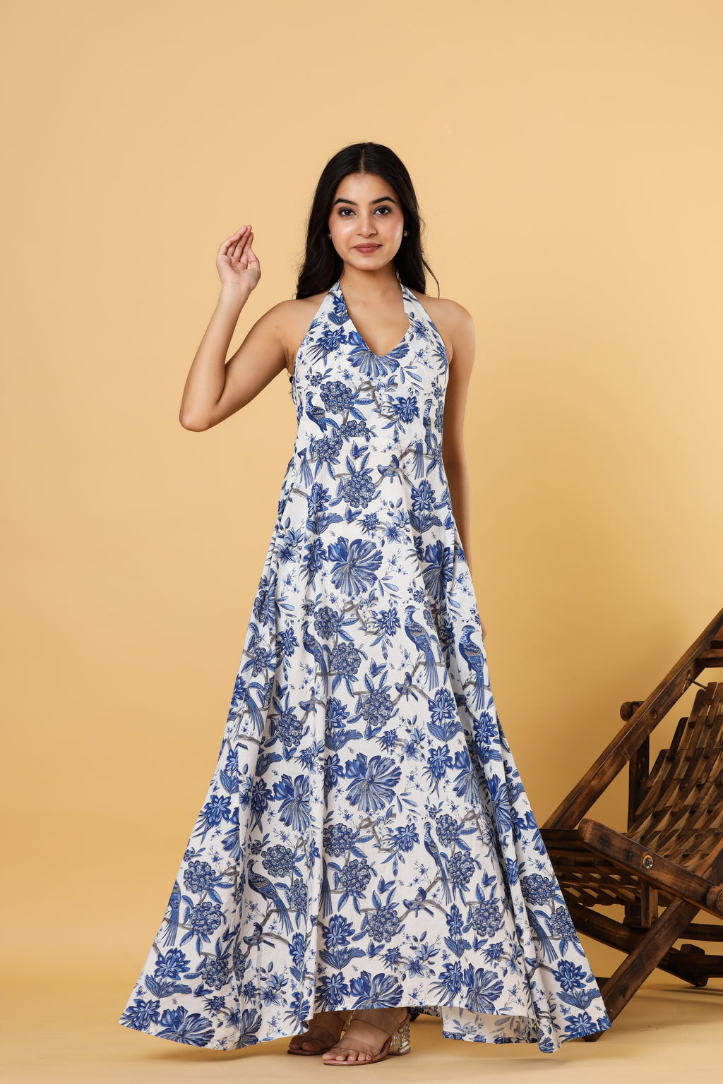Women Blue Floral Printed Halter Neck Maxi Dress