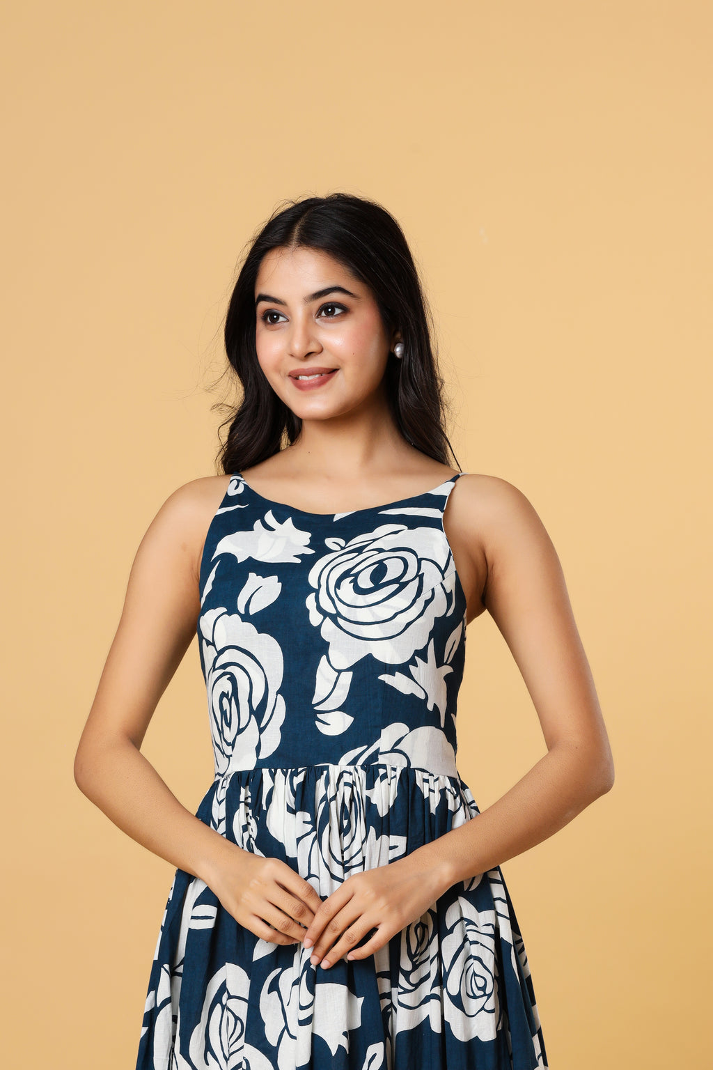 Women Navy Blue Floral Printed Sleeveless Maxi Dress