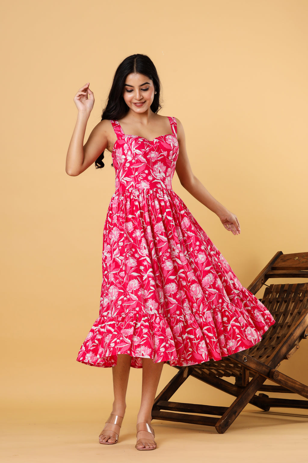 Women Pink Floral Printed Fit and Flare Midi Dress