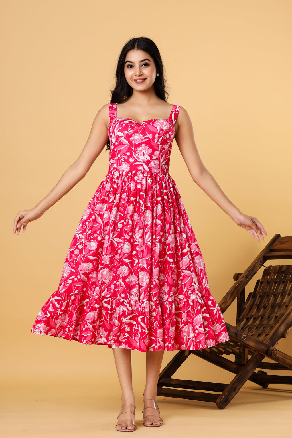 Women Pink Floral Printed Fit and Flare Midi Dress