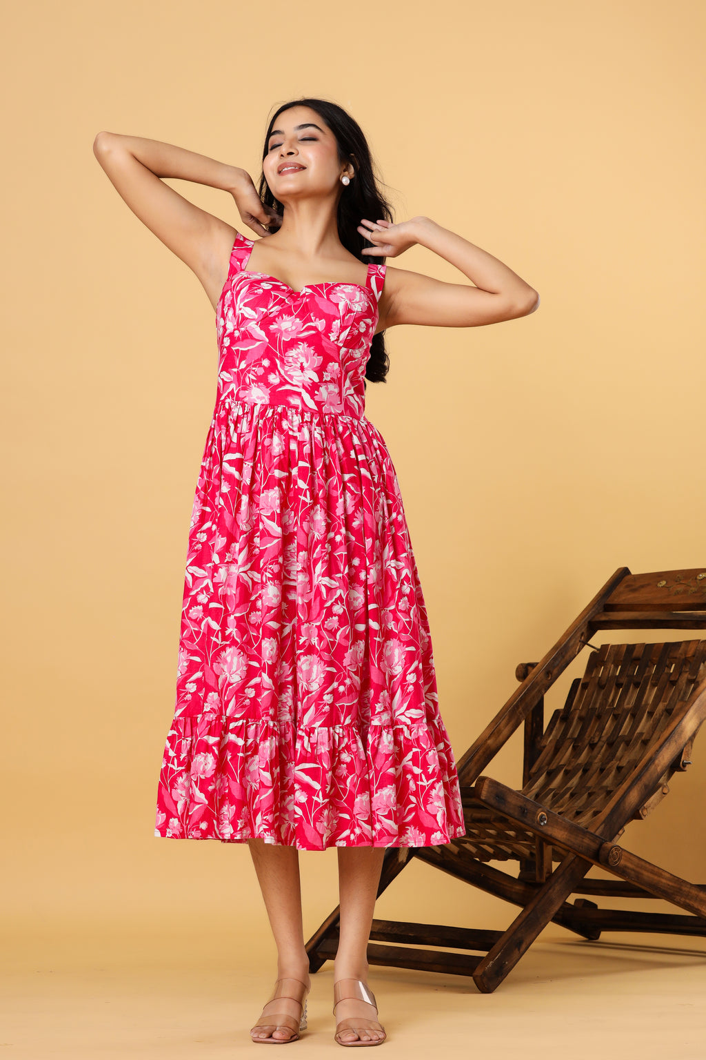 Women Pink Floral Printed Fit and Flare Midi Dress