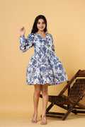 Women Blue Floral Printed Fit and Flare Mini Dress with Full Sleeves