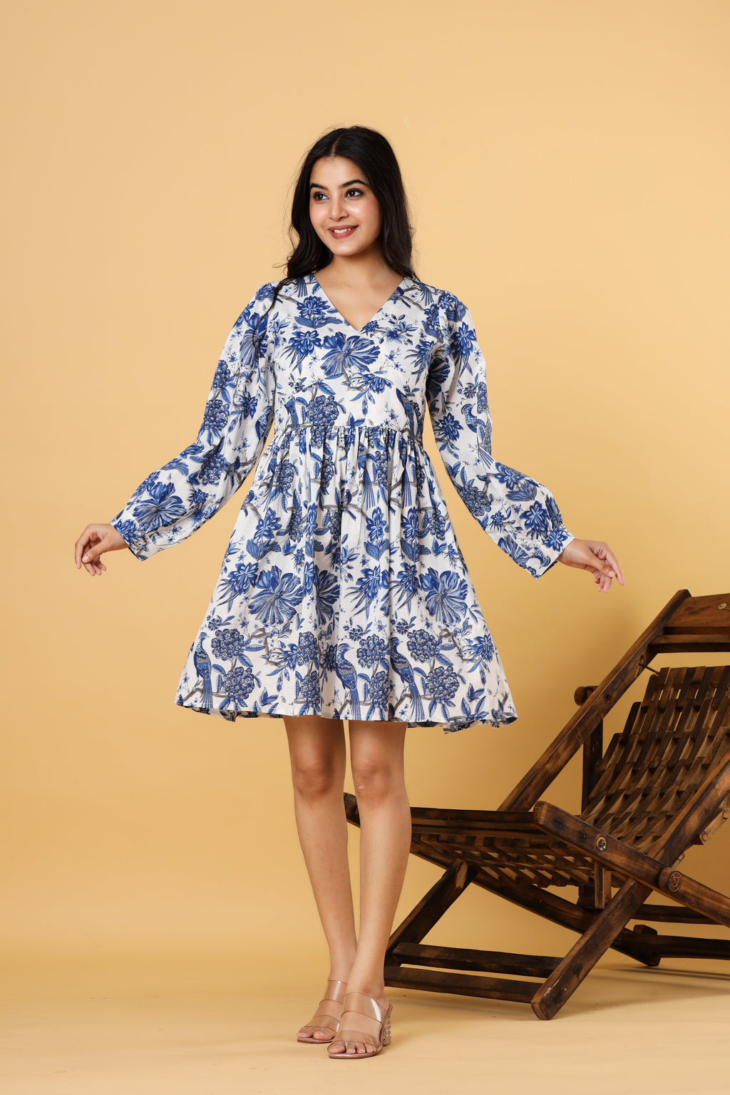 Women Blue Floral Printed Fit and Flare Mini Dress with Full Sleeves