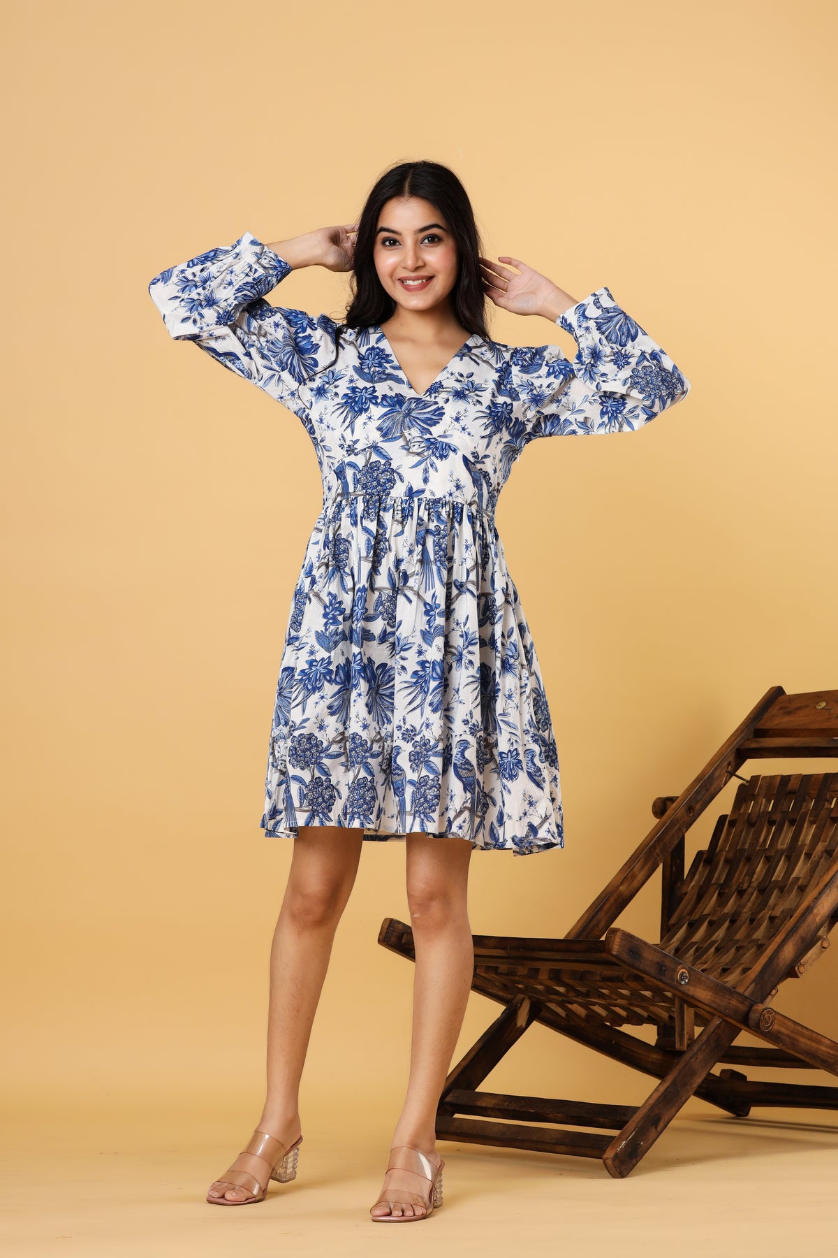 Women Blue Floral Printed Fit and Flare Mini Dress with Full Sleeves