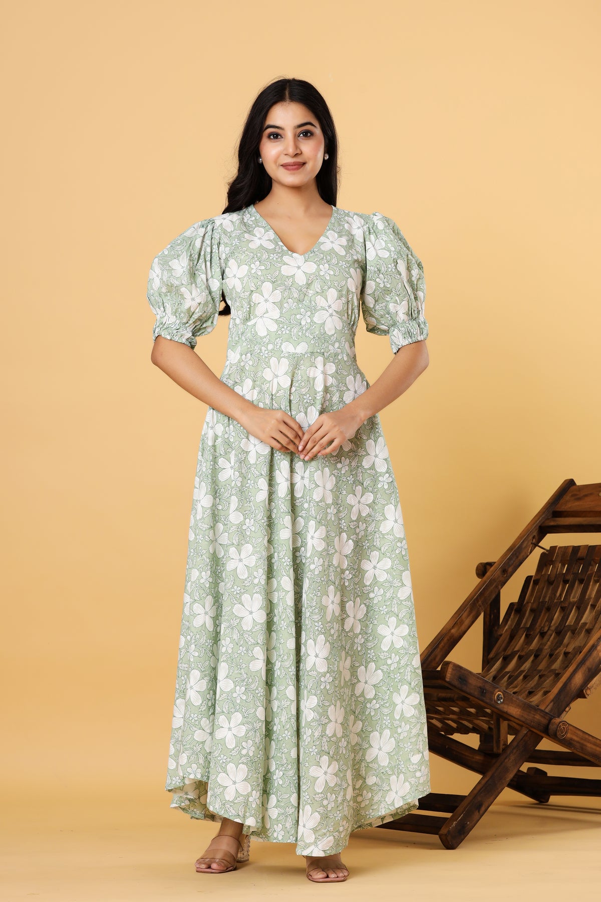 Women Green Floral Printed V Neck Fit and Flare Maxi Dress