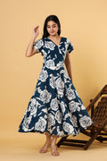 Women Navy Blue Floral Printed V-Neck Fit & Flare Maxi Dress