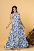 Women Blue Floral Printed V Neck Fit and Flare Maxi Dress