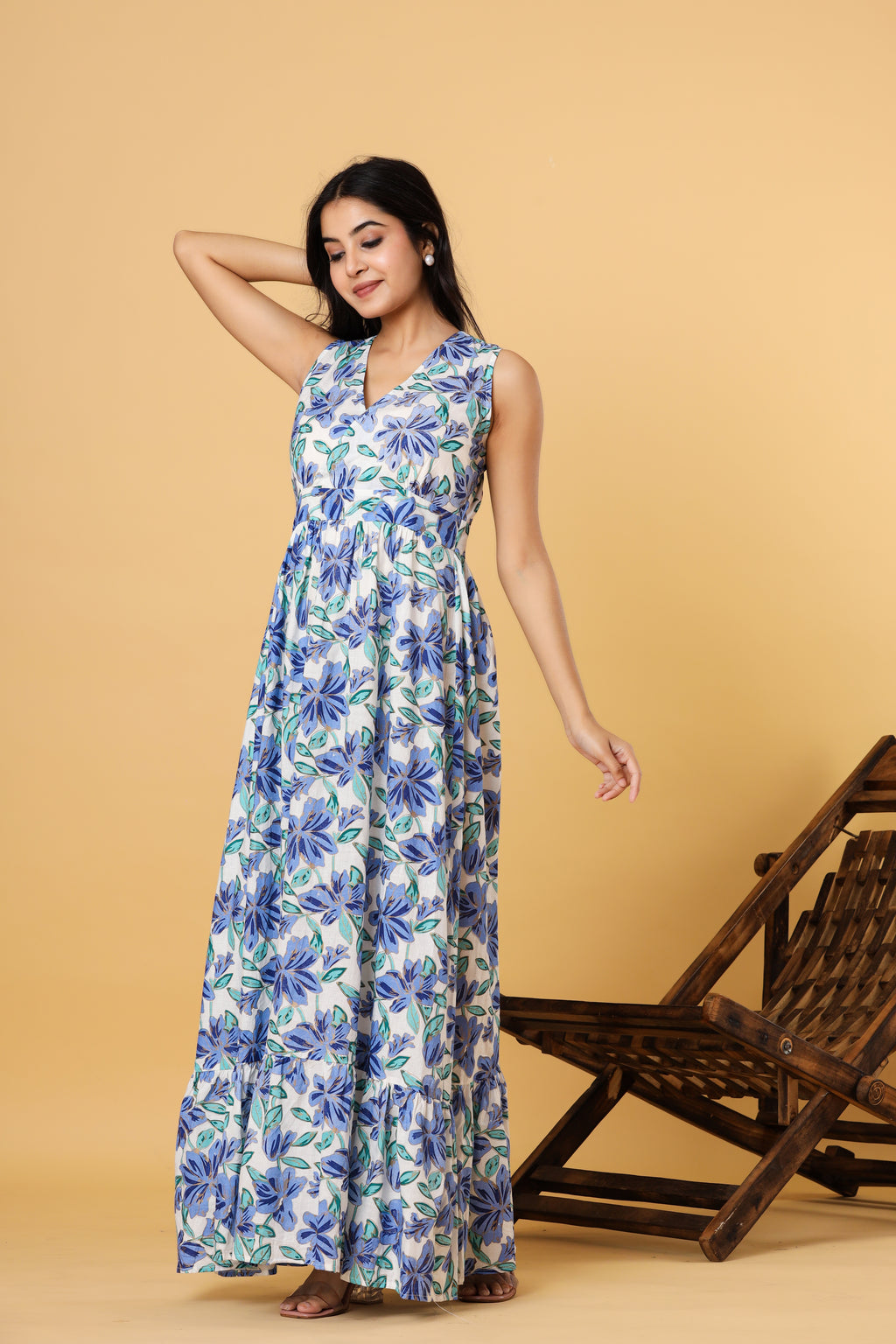 Women Blue Floral Printed V Neck Fit and Flare Maxi Dress