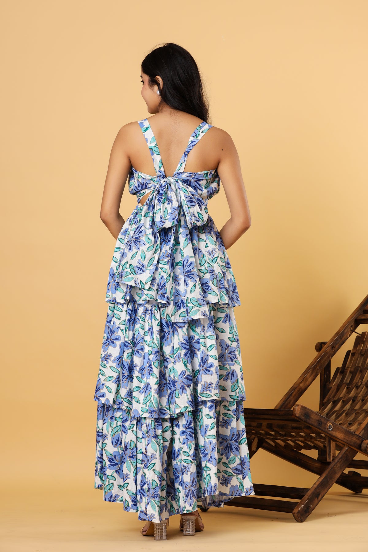 Women Blue Floral Printed Tiered Fit and Flare Maxi Dress