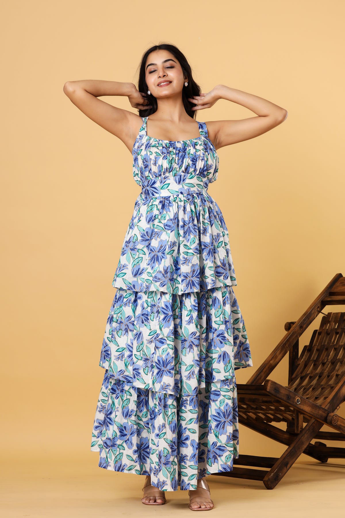 Women Blue Floral Printed Tiered Fit and Flare Maxi Dress