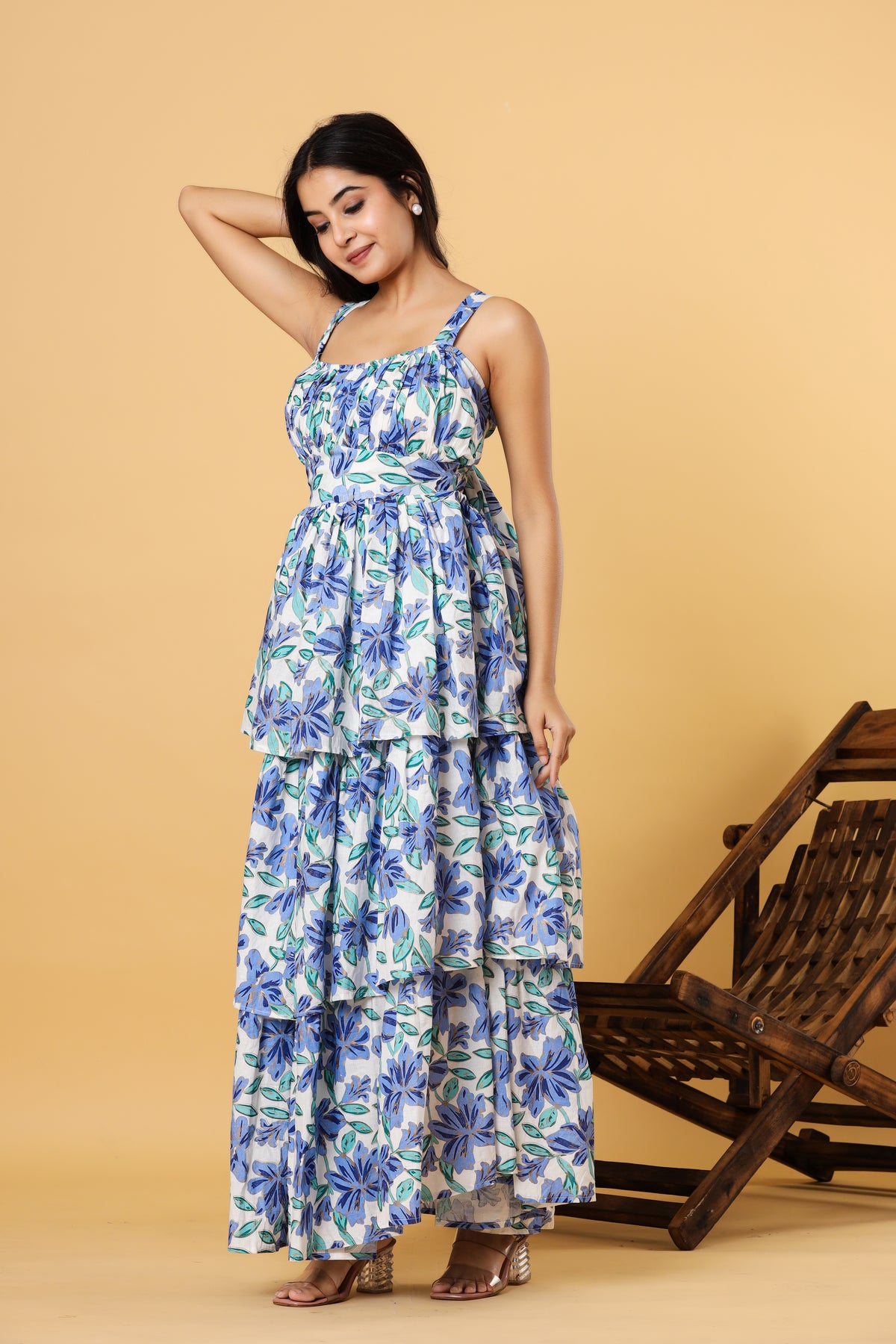 Women Blue Floral Printed Tiered Fit and Flare Maxi Dress