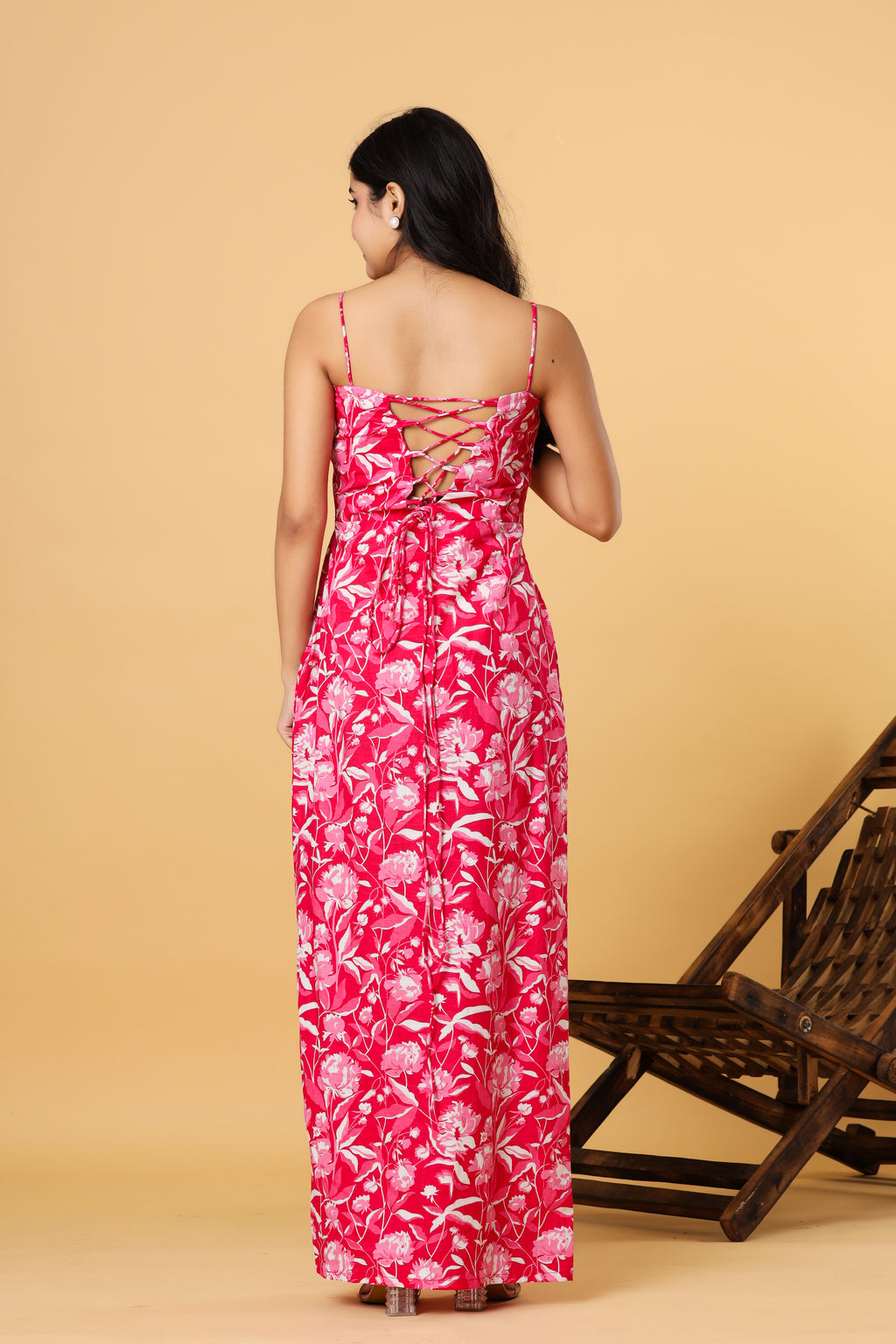 Women Pink Floral Printed Strappy Slit Maxi Dress