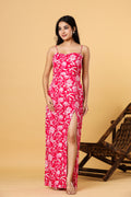 Women Pink Floral Printed Strappy Slit Maxi Dress