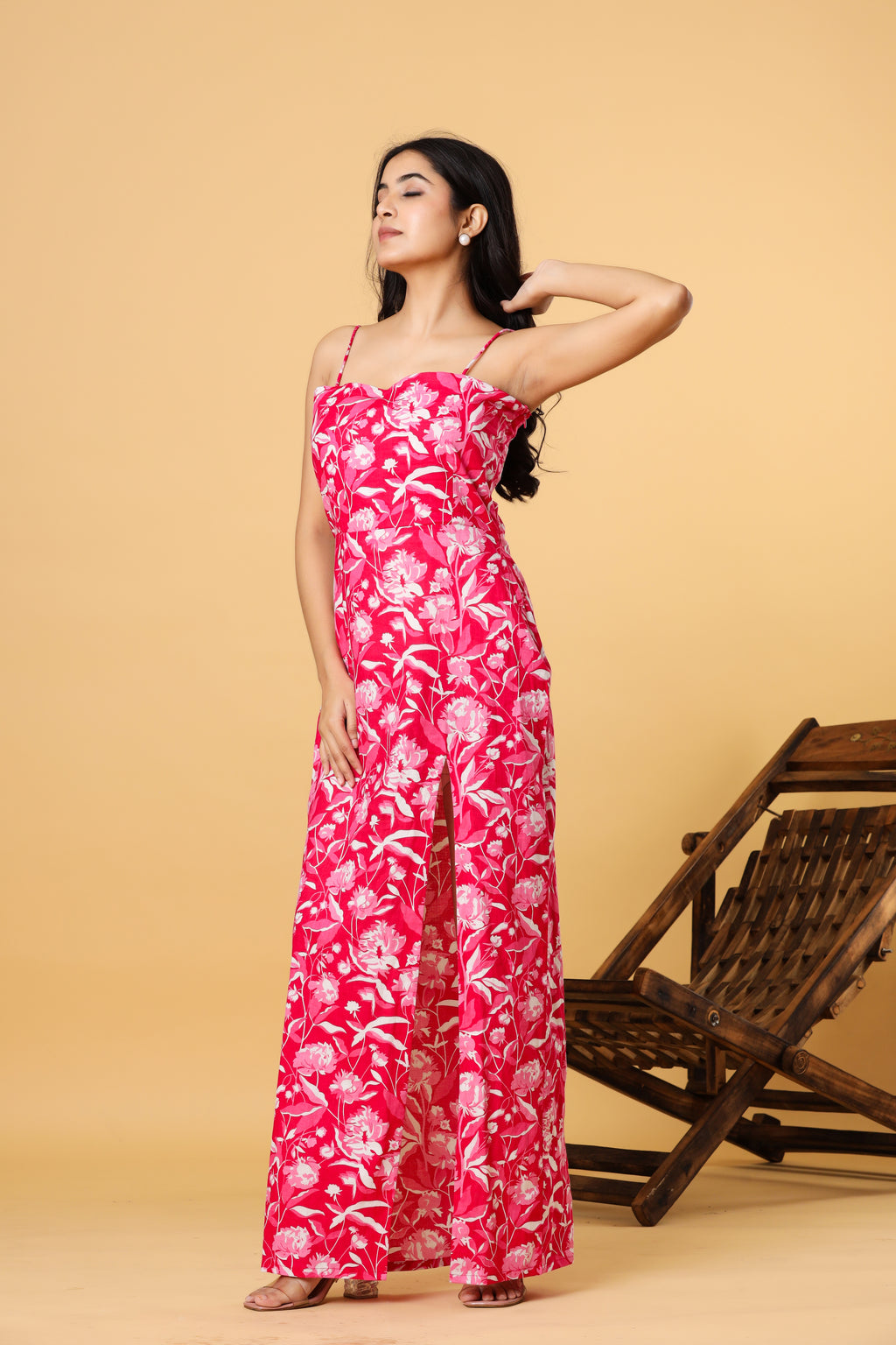 Women Pink Floral Printed Strappy Slit Maxi Dress