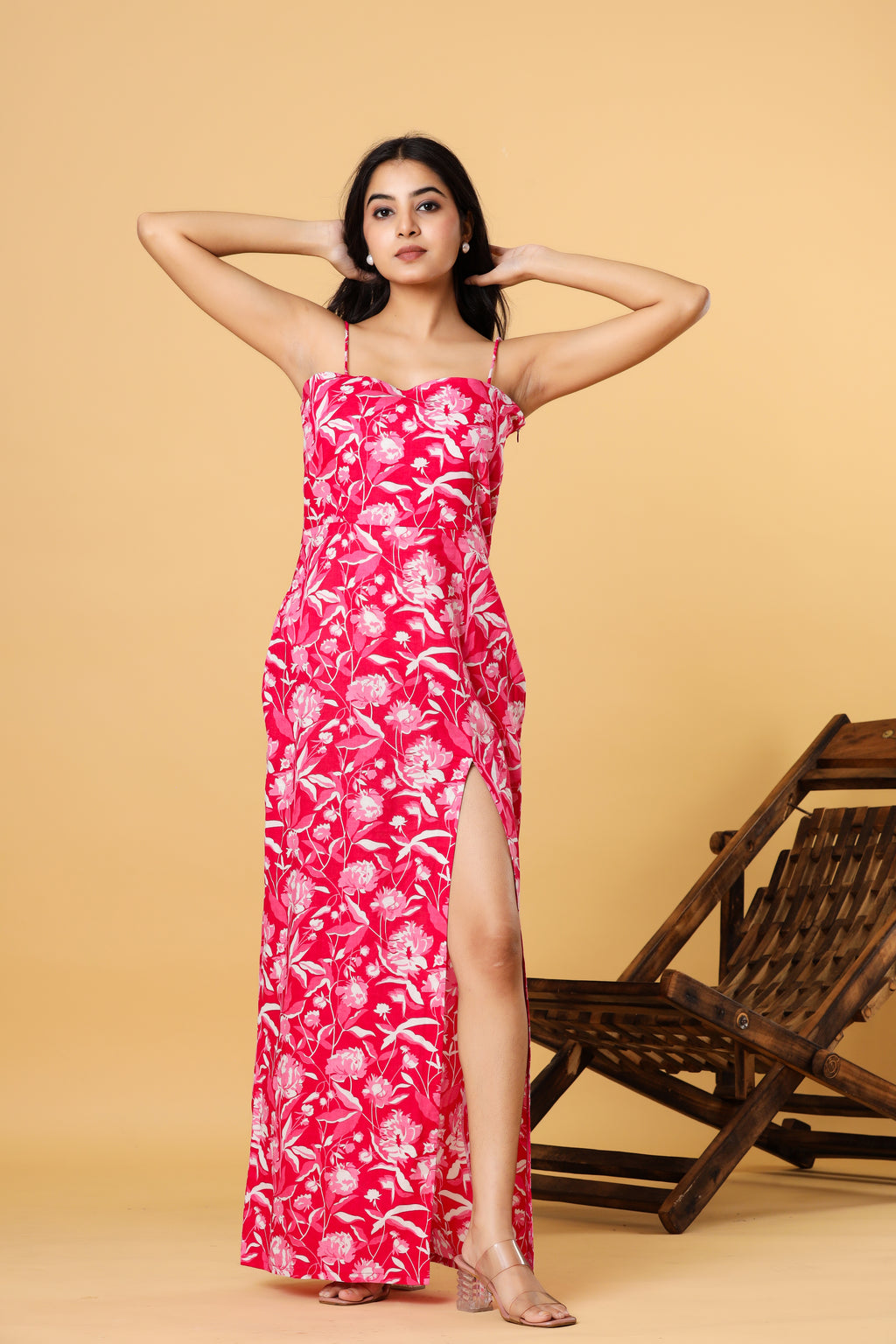 Women Pink Floral Printed Strappy Slit Maxi Dress