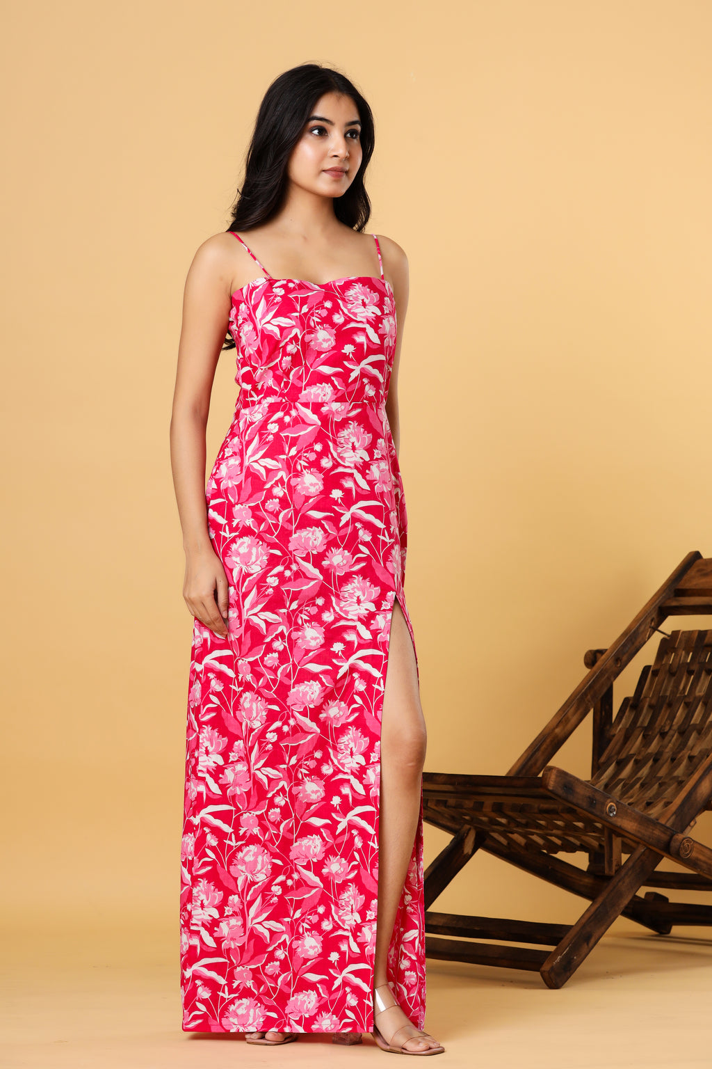 Women Pink Floral Printed Strappy Slit Maxi Dress