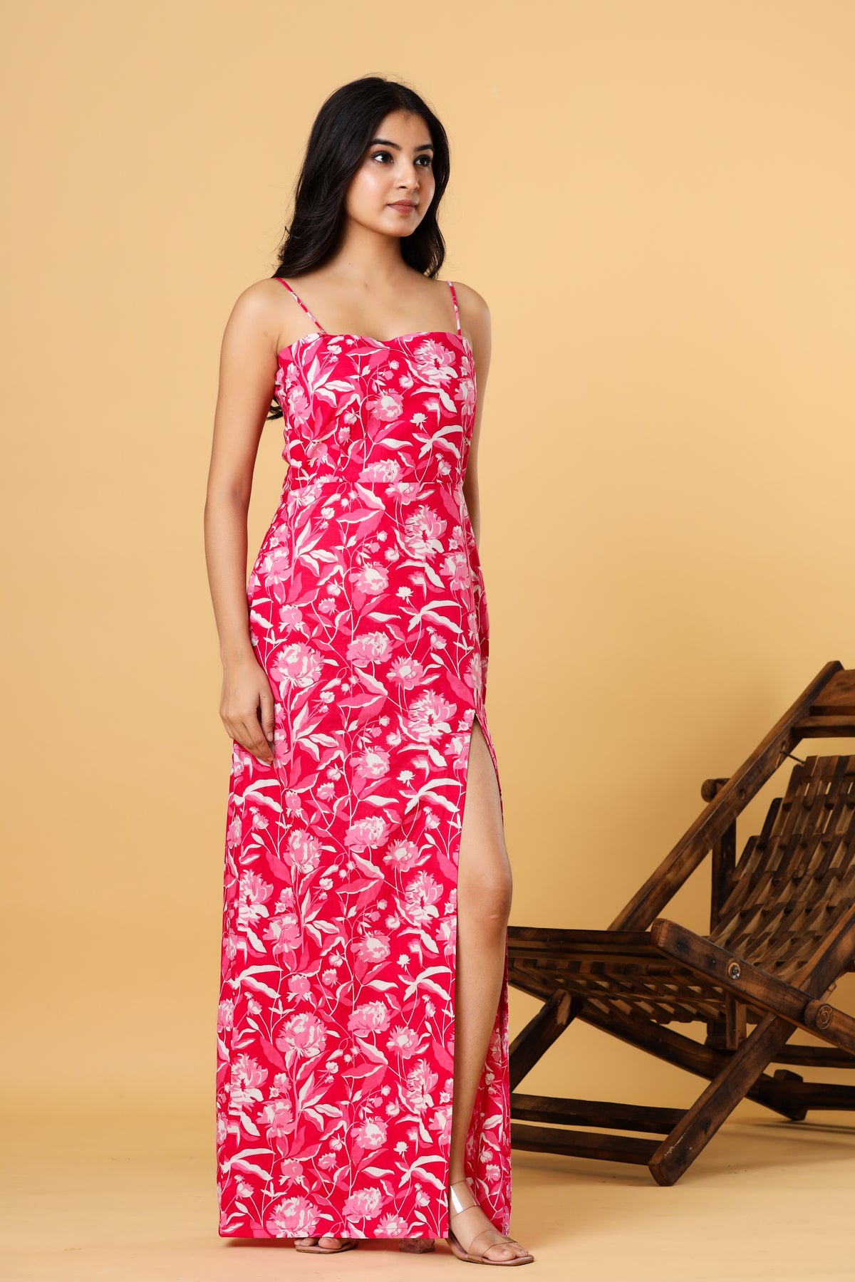 Women Pink Floral Printed Strappy Slit Maxi Dress