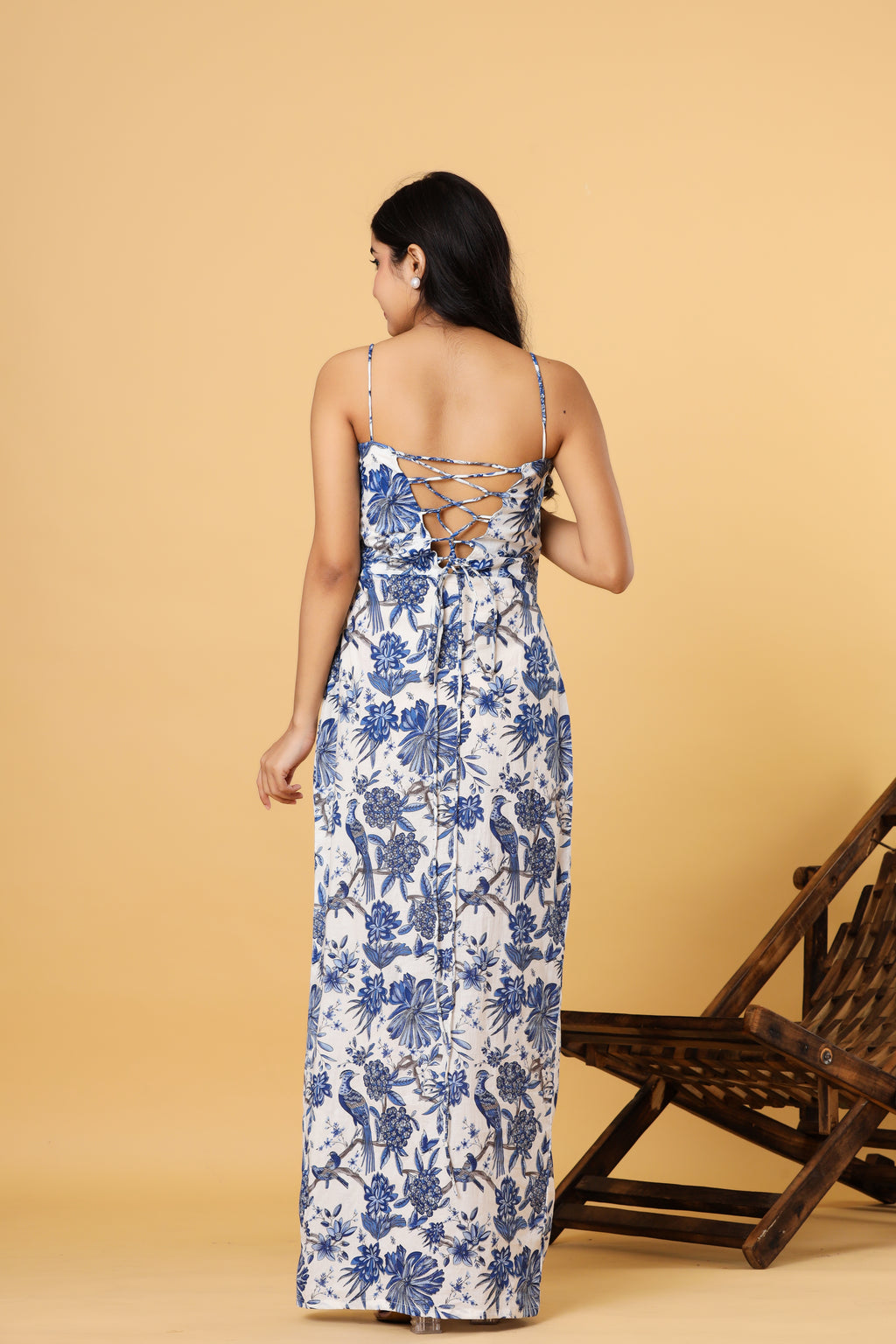Women White Blue Floral Printed Spaghetti Strap Slit Maxi Dress