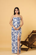 Women White Blue Floral Printed Spaghetti Strap Slit Maxi Dress