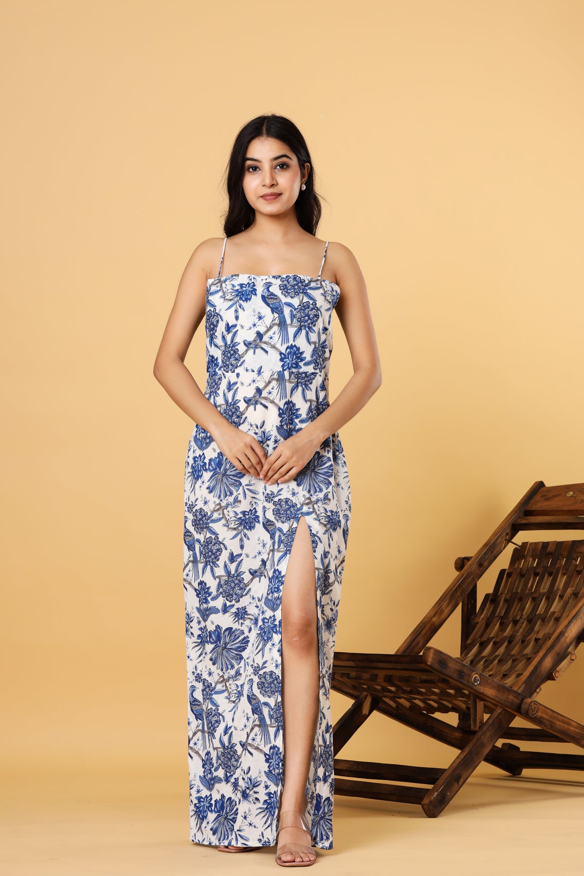 Women White Blue Floral Printed Spaghetti Strap Slit Maxi Dress