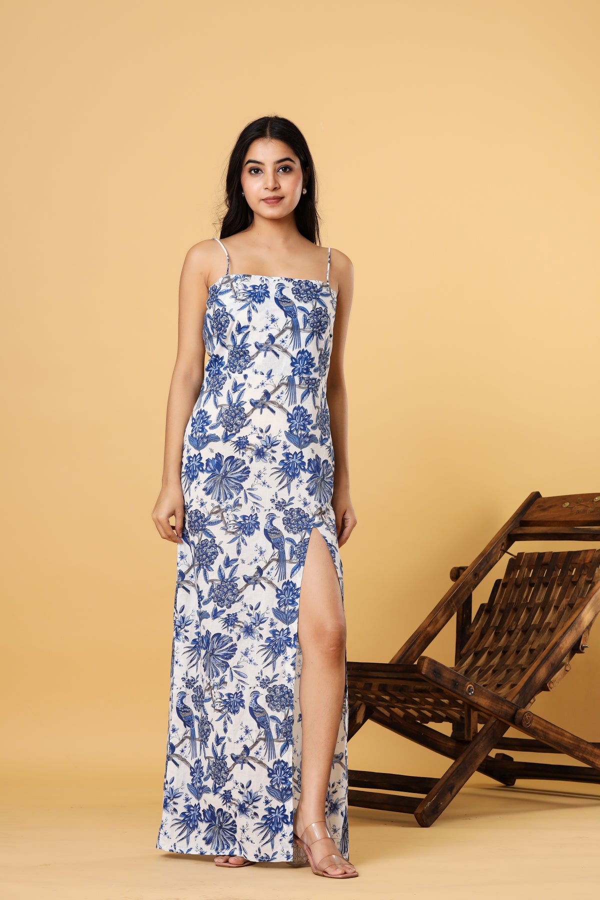 Women White Blue Floral Printed Spaghetti Strap Slit Maxi Dress