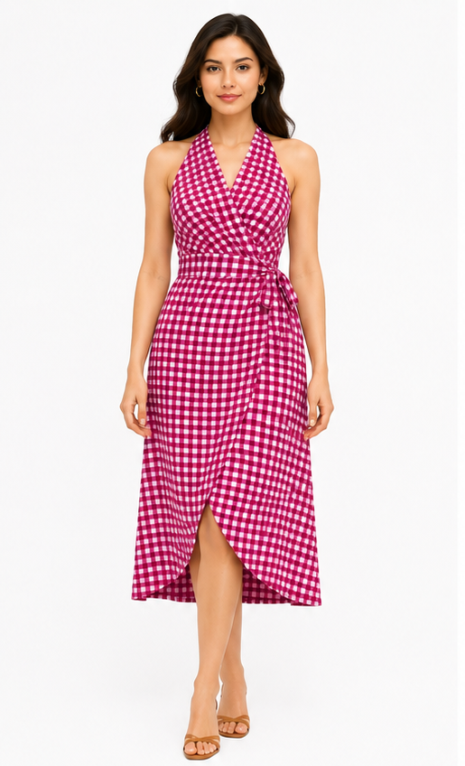 Women Pink Gingham Checked Halter Neck Wrap Midi Dress
