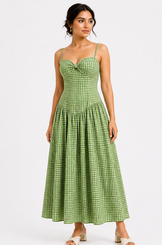 Women Green Gingham Check Maxi Dress with Twist Front Sweetheart Neck & Spaghetti Straps