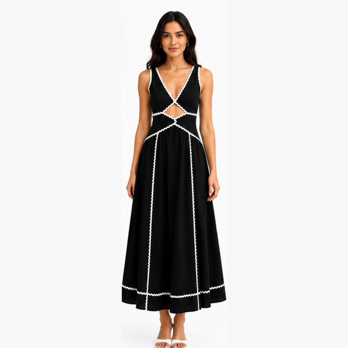 Women Black Contrast Trim Fit and Flare Midi Dress with Cut Out