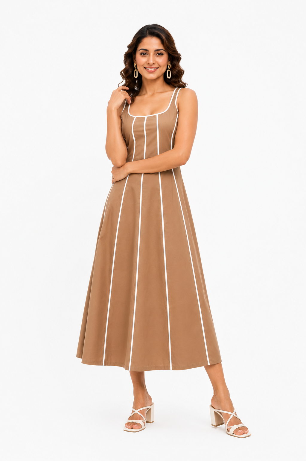 Women Brown A-Line Midi Dress with White Contrast Stripes