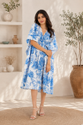 Women White Blue Printed V-Neck Midi Dress with Flared Sleeves