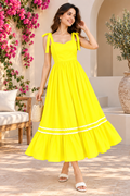 Women Yellow Solid Tie Strap Tiered Fit & Flare Maxi Dress with Contrast Trim