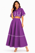 Women Purple Crop Shirt & Flared Maxi Skirt Co-Ord Set with Lace Detailing