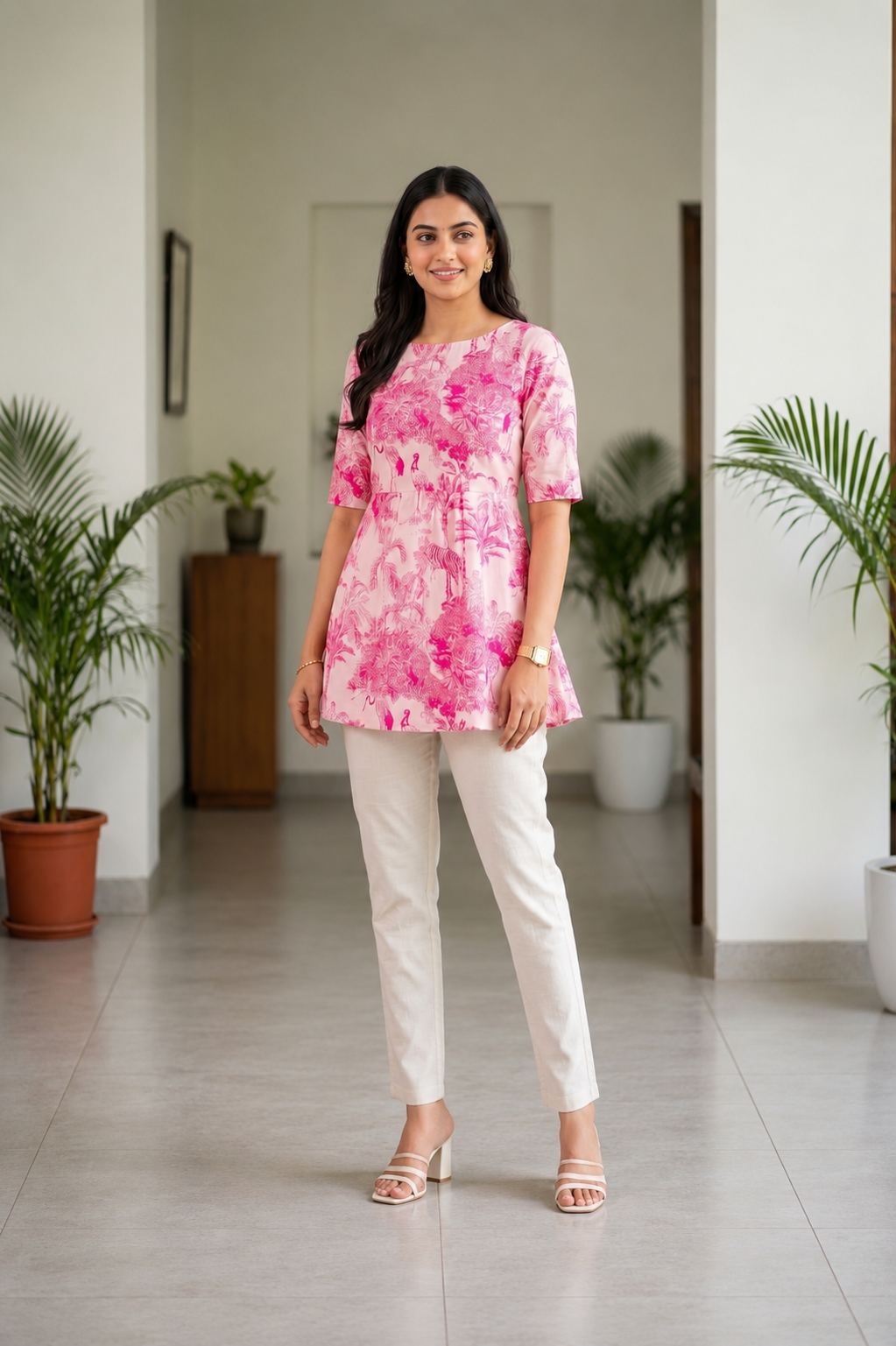 Women Pink Floral Printed Round Neck A-Line Tunic Top