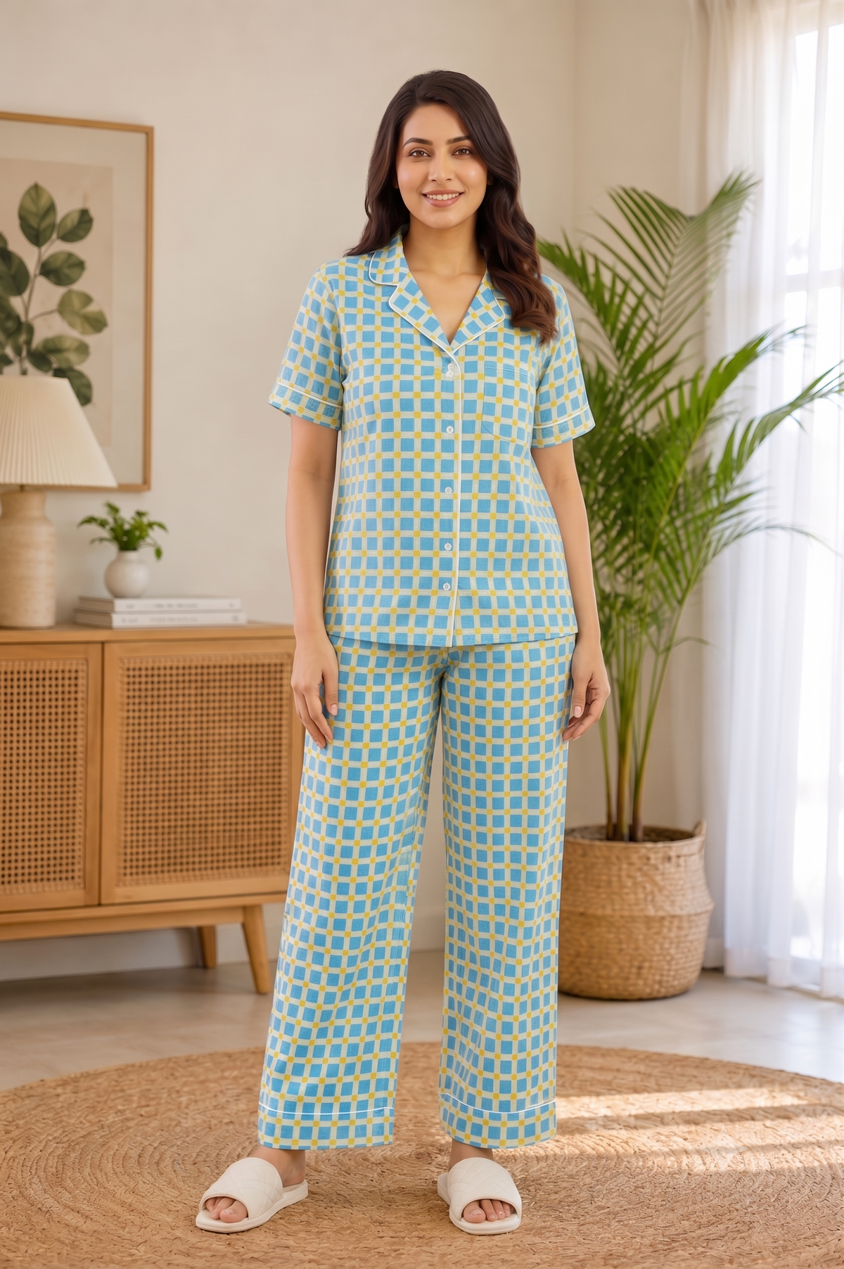 Women Blue & Yellow Gingham Check Button Front Shirt & Wide Leg Pants Co-Ord Set