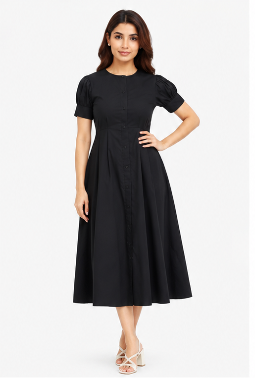 Women Black Solid Button Down Fit & Flare Midi Dress with Puff Sleeves