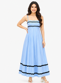 Women Light Blue Solid Contrast Trim Fit & Flare Tiered Maxi Dress