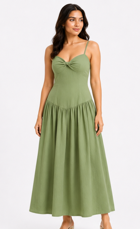 Women Sage Green Spaghetti Strap Maxi Dress with Twist Front Sweetheart Neckline