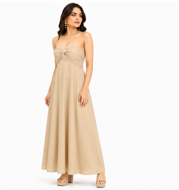 Women Beige Solid Strapless Ruched Maxi Dress
