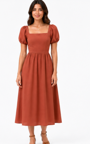 Women Rust Brown Solid Square Neck Puff Sleeve Midi Dress