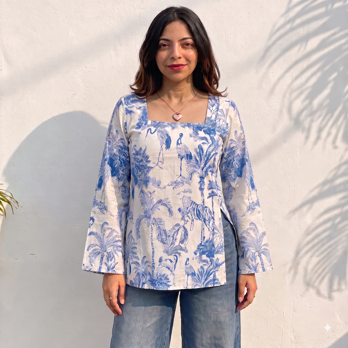Women White Blue Floral Printed Square Neck Long Sleeve Top