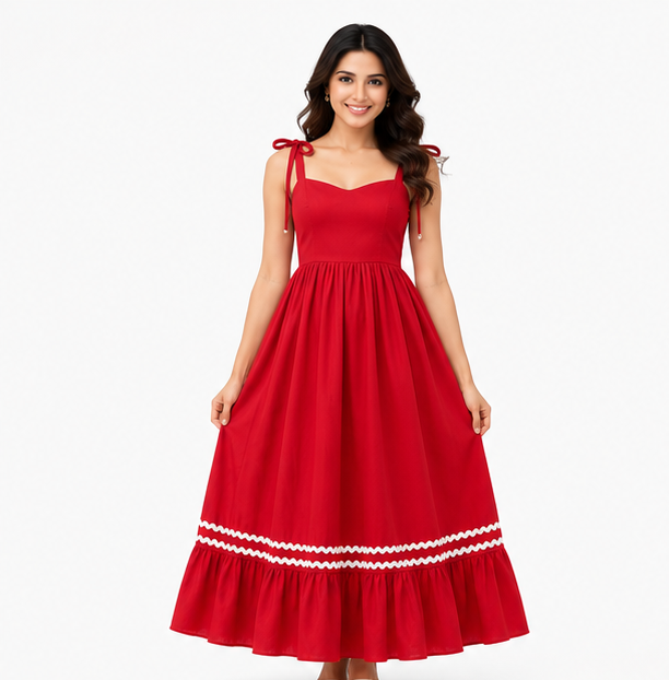 Women Red Solid Tie Strap Fit and Flare Tiered Midi Dress