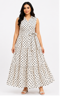 Women White & Black Polka Dot Tiered Maxi Dress with Collared Neck & Waist Tie Belt