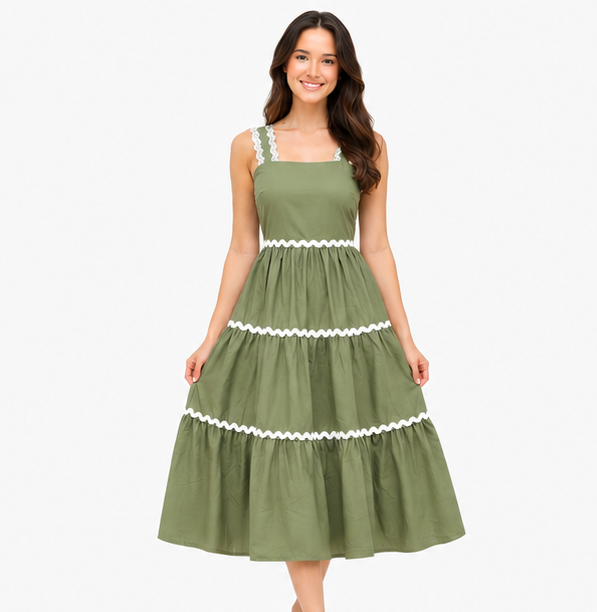 Women Olive Green Solid Tiered Fit & Flare Midi Dress with Contrast Trim