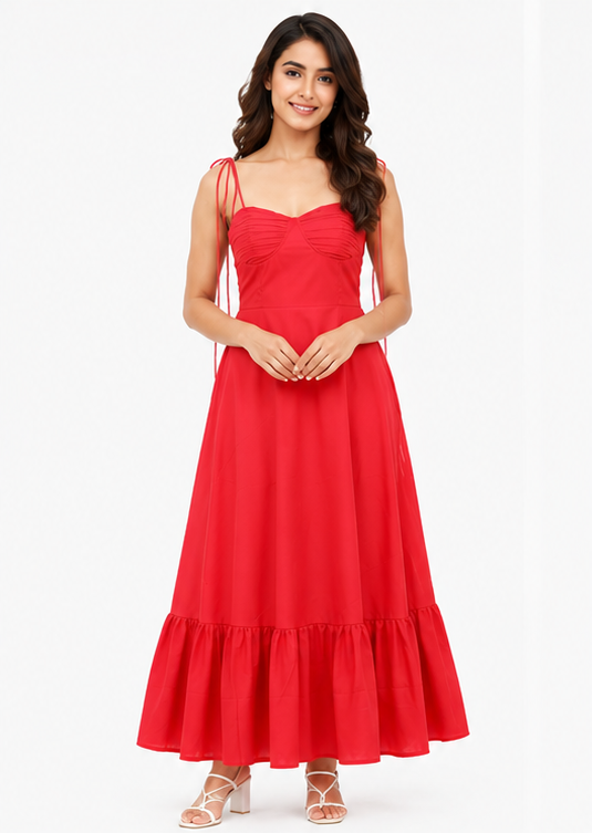 Women Red Solid Ruched Tie Strap Fit & Flare Tiered Maxi Dress