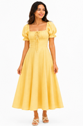 Women Yellow Solid Square Neck Puff Sleeve Fit and Flare Midi Dress