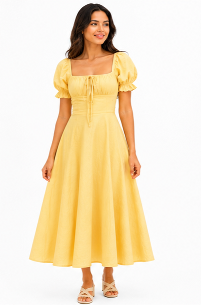 Women Yellow Solid Square Neck Puff Sleeve Fit and Flare Midi Dress