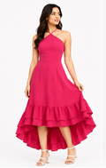 Women Hot Pink Halter Neck High Low Maxi Dress with Layered Ruffle Hem