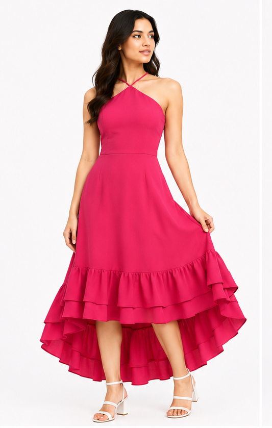 Women Hot Pink Halter Neck High Low Maxi Dress with Layered Ruffle Hem