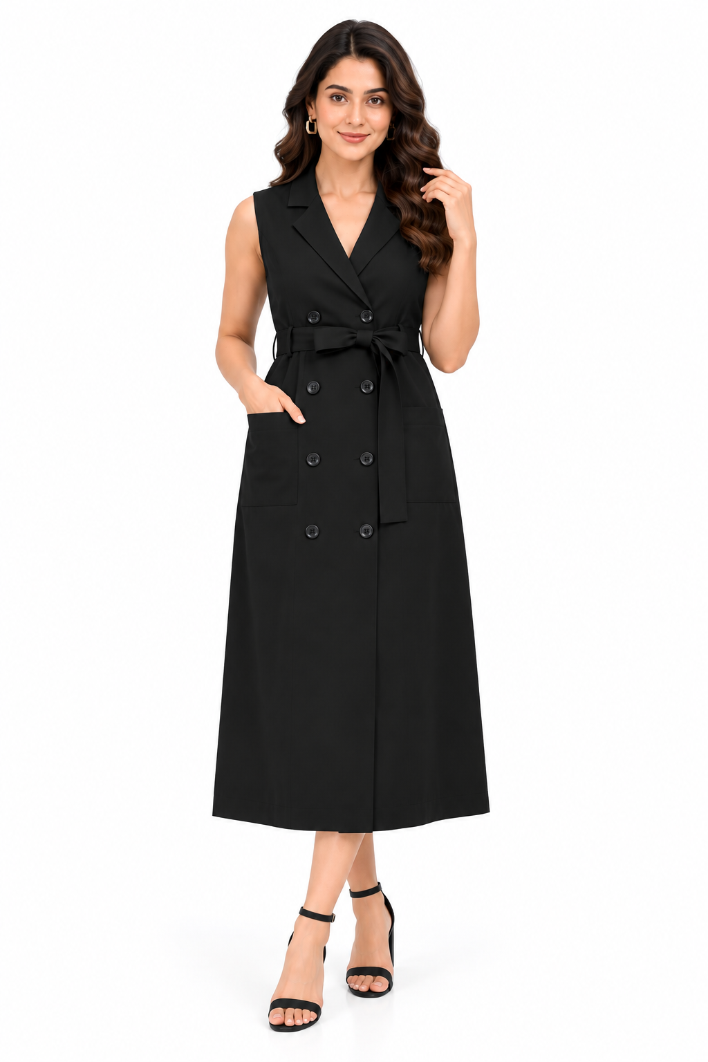 Women Black Solid Double Breasted Belted Blazer Style Midi Dress