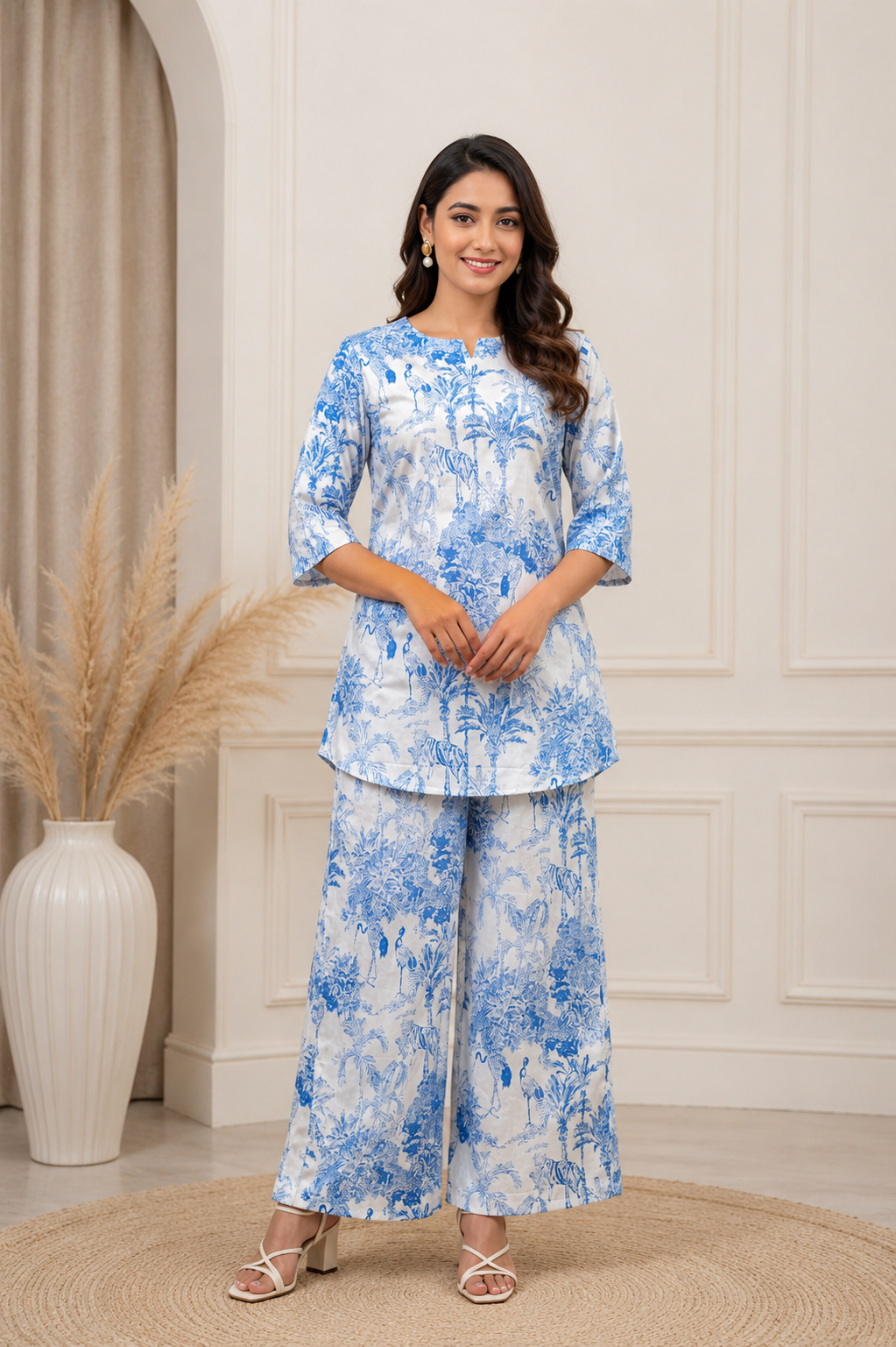 Women White Blue Printed Co-Ord Set with Flared Pants